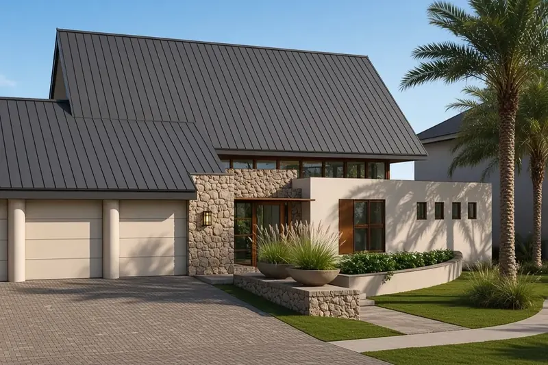 Street front with standing-seam metal roof, two garage doors, stone entry wall, wood-framed glass entry and palm trees