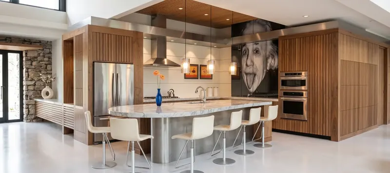 Walnut kitchen with a marble and stainless island, slatted wood ceiling and a black-and-white Einstein photo-mural