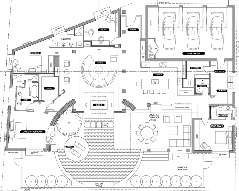 Main level floor plan of Relativity House showing living, kitchen, three bedrooms, garage, covered outdoor living and pool