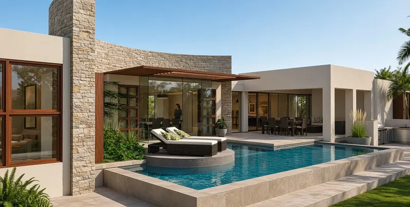 Raised pool with a round sun lounge platform beside a stone tower, glass dining room and covered terrace