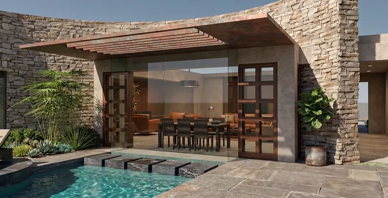 Patinated copper pergola over a glass-walled dining room, with stone steps crossing the pool toward it