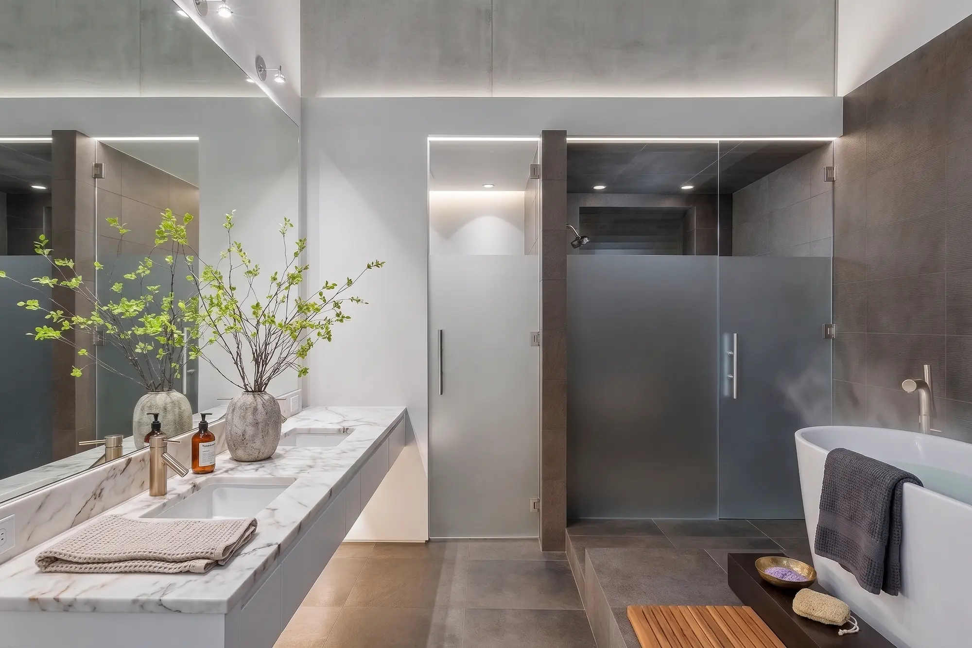 Primary bath with floating marble double vanity, frosted glass shower doors, dark tile and a freestanding tub