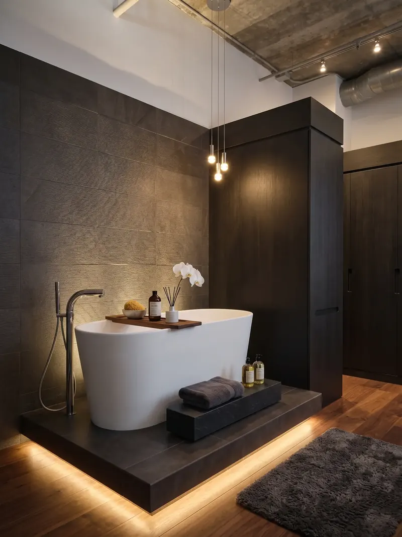 Freestanding white bathtub on a dark plinth lit from beneath, against textured stone-look tile and wood floor