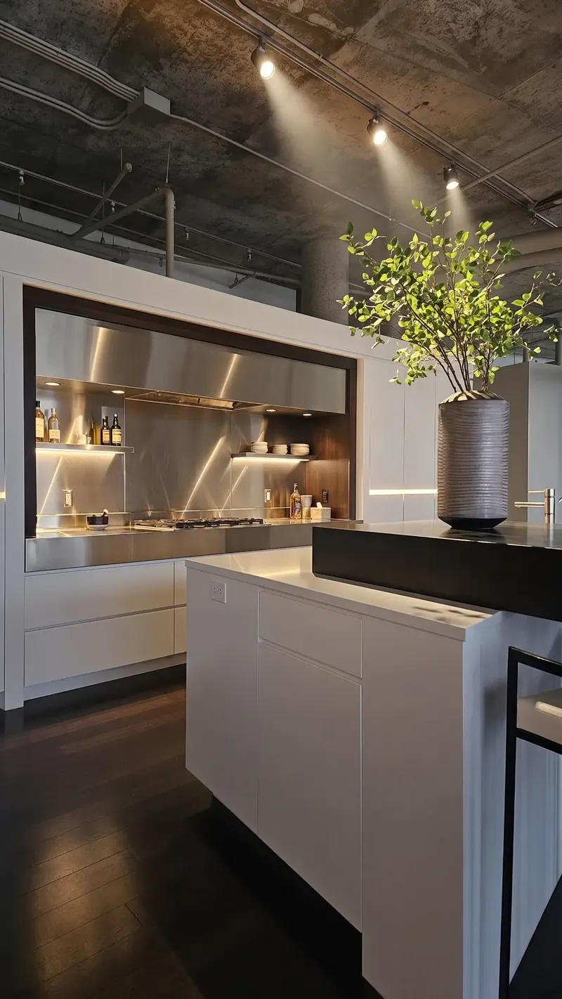 Stainless steel cooking alcove with lit shelves, white cabinetry and a dark island under aimed track lights