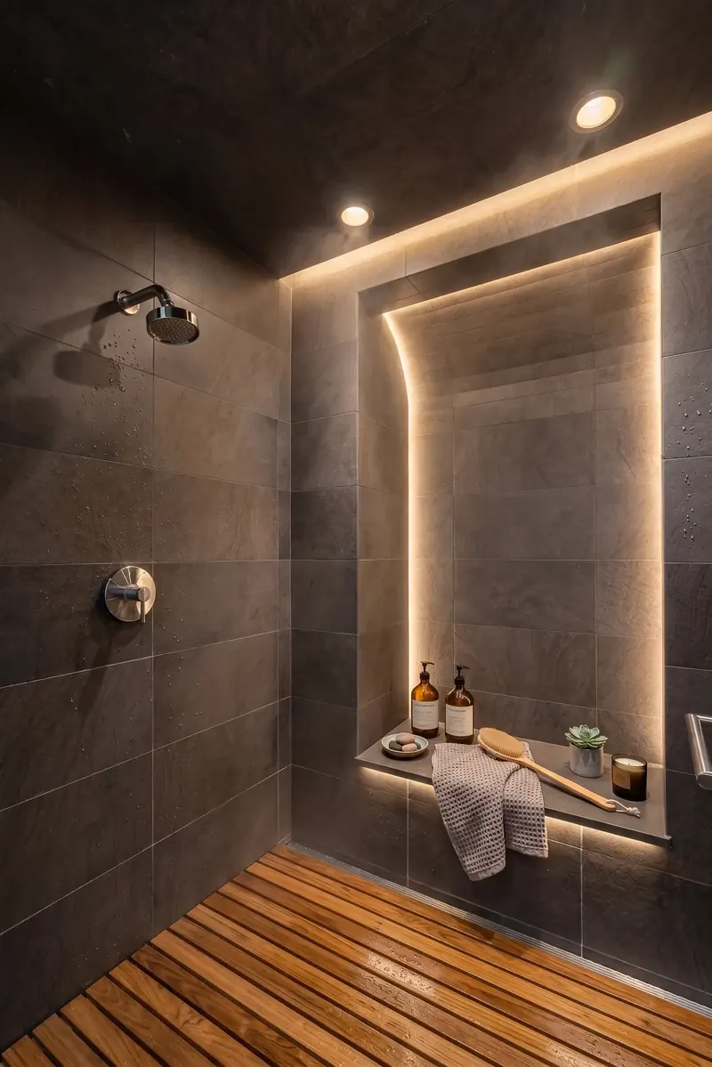Dark tiled shower with slatted teak floor and a softly lit recessed niche holding bath products