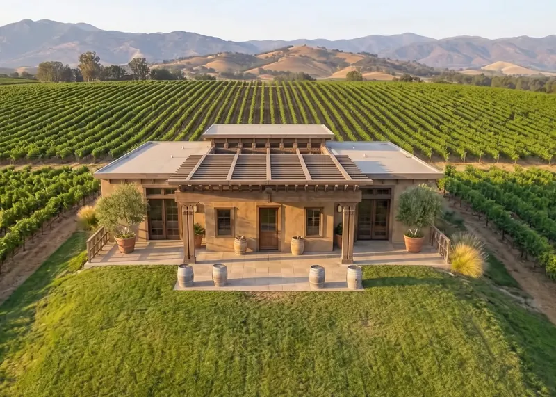 Aerial view of the rear of the estate: a paved terrace with wine barrels and potted olive trees on a lawn, vineyards beyond