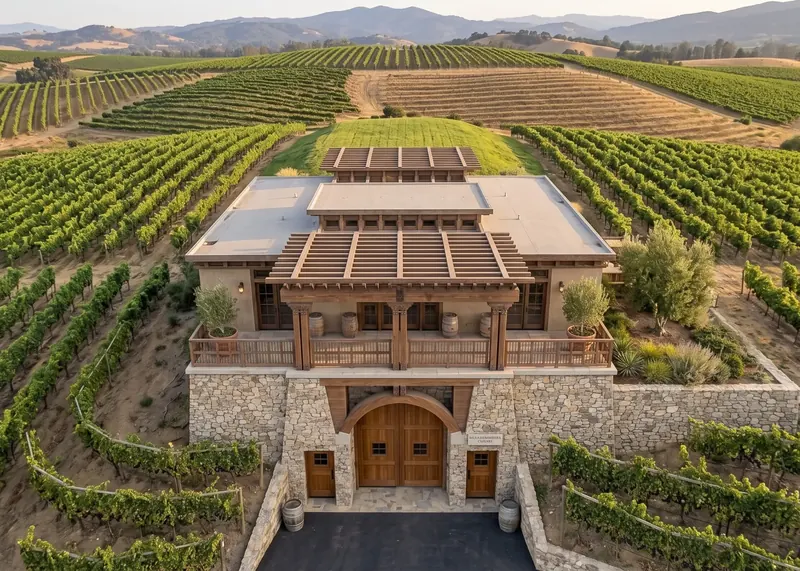 Aerial view of the estate nestled into a hill among vineyard rows, with stone walls, timber pergola and mountains beyond