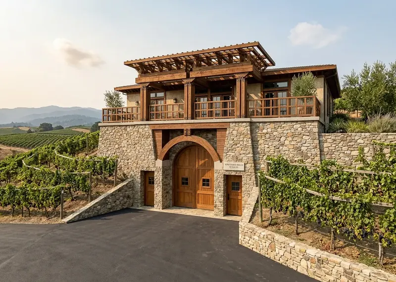 Driveway approach to the arched wooden winery doors, framed by stone walls and the timbered balcony above