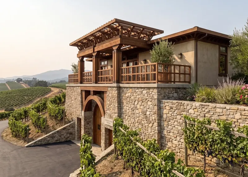 Angled view of the heavy timber pergola and wooden balcony above the stone winery entry, with vineyards and hills behind