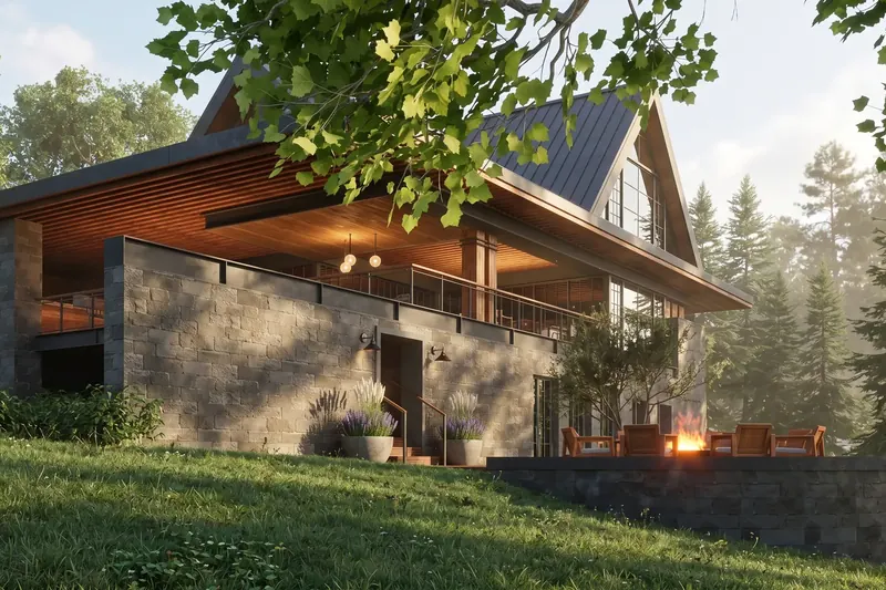 Stone block walls and entry stair beneath the deep timber soffit, with chairs gathered around a lit fire pit