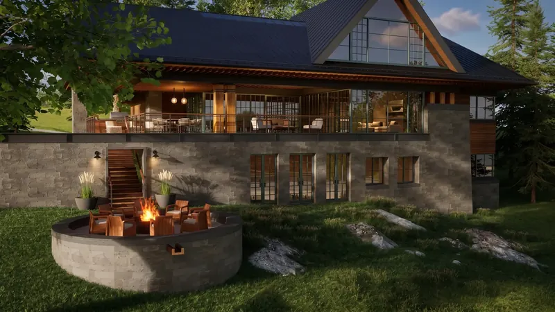 Raised circular stone fire pit on the lawn below the furnished deck and walls of gridded glass