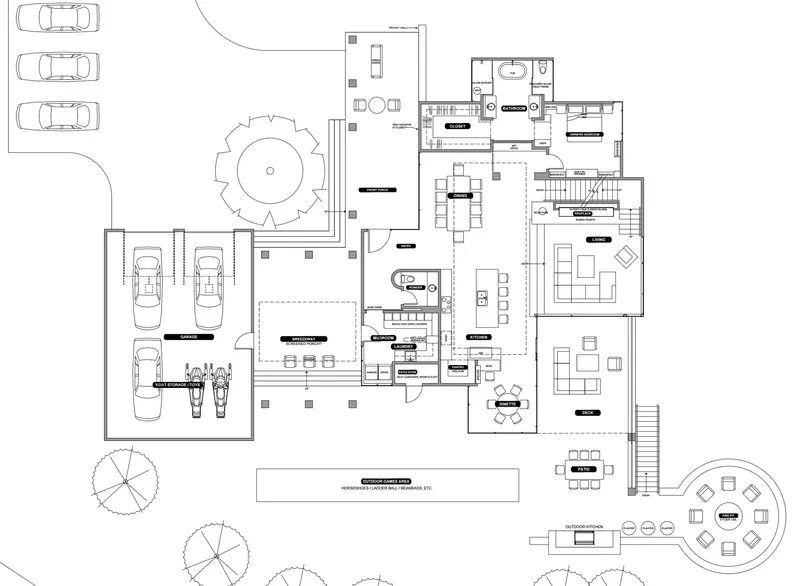 Floor plan of the Stone & Timber Lake Home: garage, mudroom, kitchen, living room, owners' bedroom, deck and fire pit