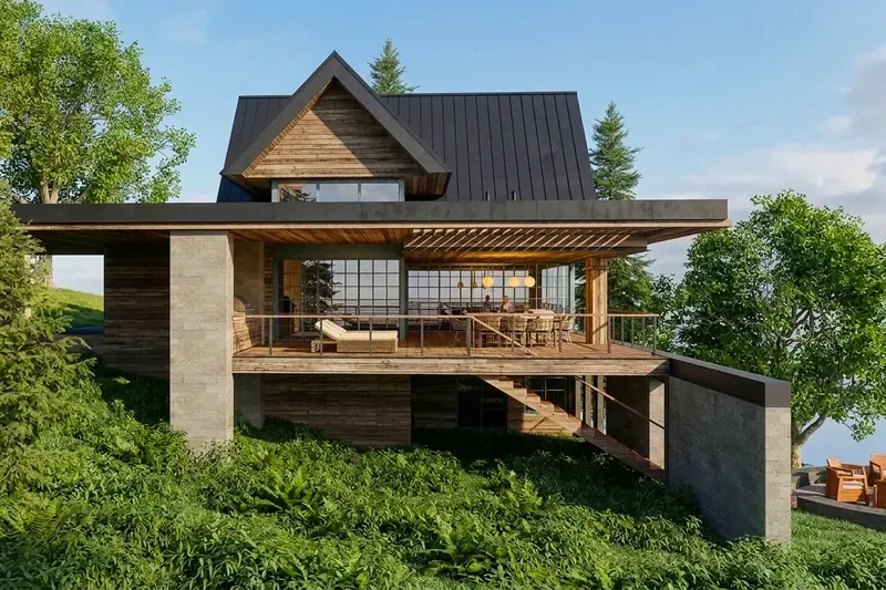 Side elevation with the cantilevered deck, open stair, dark metal roof and stone piers rising from a fern-covered slope
