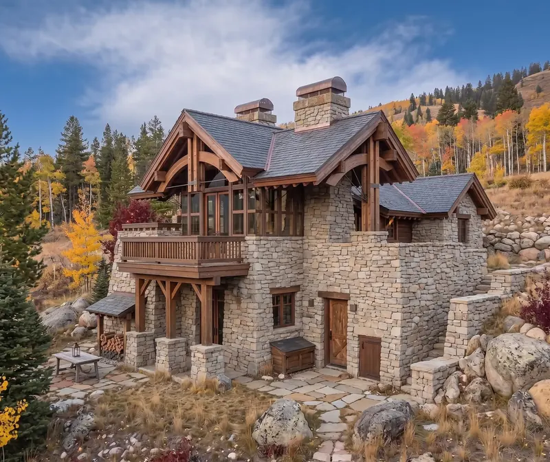Rear elevation with timber balcony over stone piers, copper-capped chimneys and an aspen-covered slope