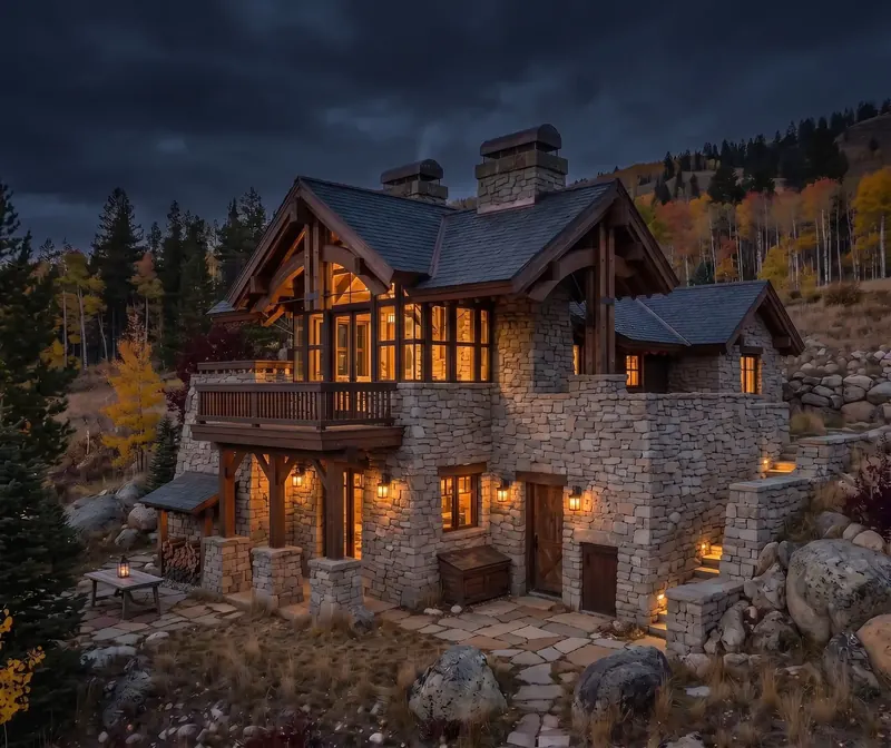 Rear elevation at dusk with lit windows, wall lanterns and glowing steps beneath a dark sky
