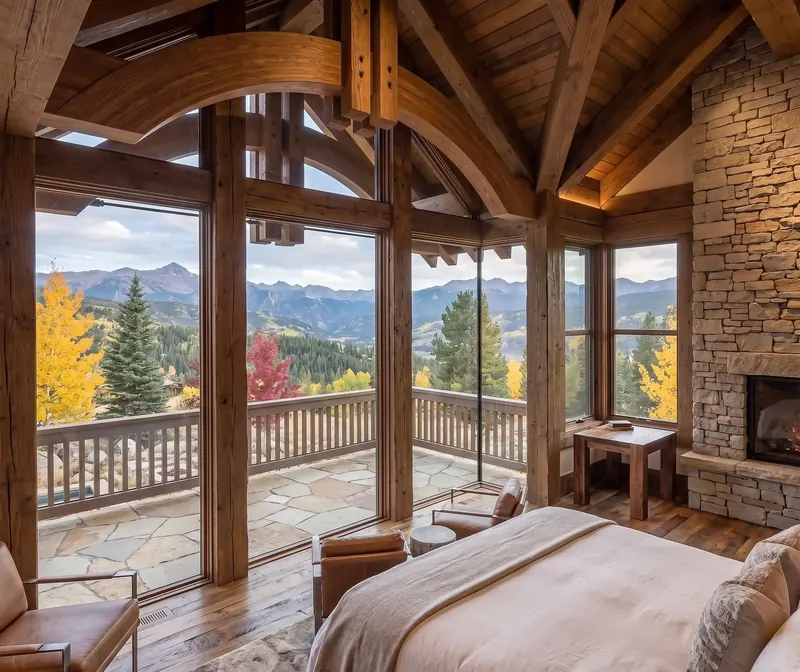 Bedroom with floor-to-ceiling windows to a stone terrace, timber trusses and a stone fireplace