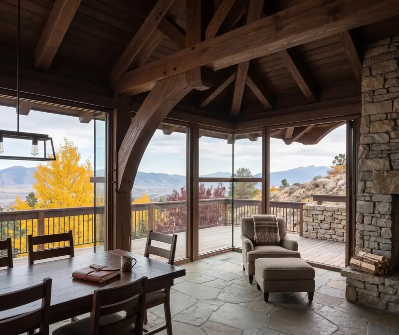 Dining area with a curved timber brace, flagstone floor and corner windows overlooking the valley