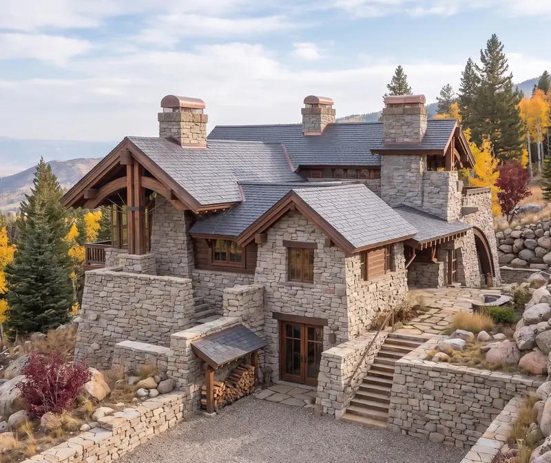 Entry side of the house with stone stairs, a gravel court, firewood shelter and three copper-capped chimneys