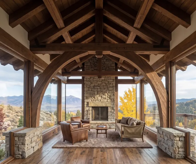 Sitting room beneath curved timber trusses, centered on a stone fireplace with mountain views on both sides