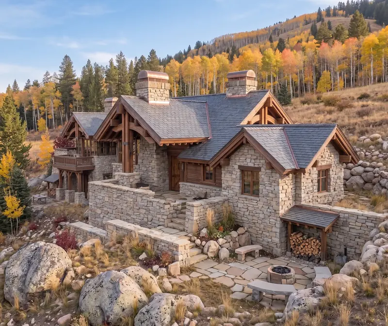 Stone wings and dark shingled roofs set into the hillside above a flagstone fire pit terrace and boulders