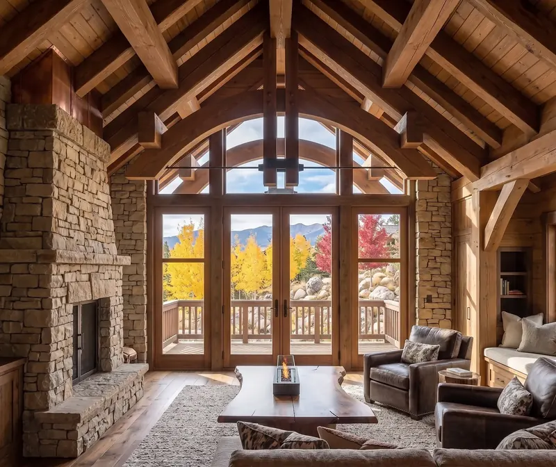 Living room with a stone fireplace, vaulted timber trusses and glass doors opening to a deck and aspens