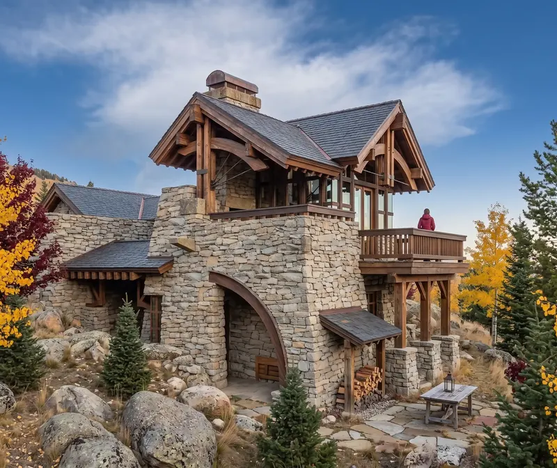 Stone Tower House rising from a boulder hillside, its stone tower and timber gables framed by autumn aspens