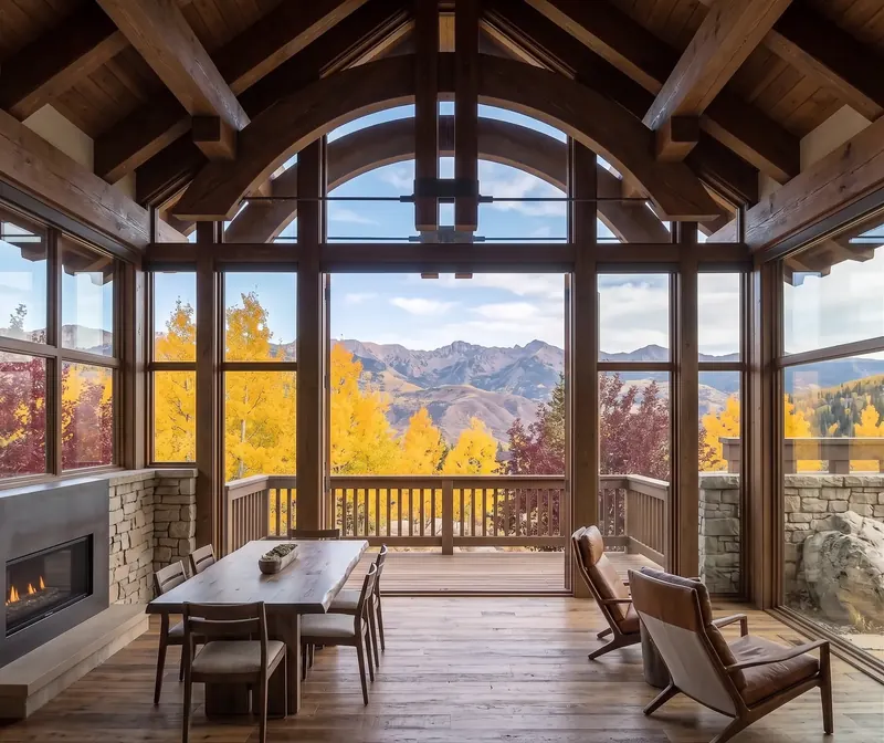 Glass-walled room under an arched timber truss with a dining table, fireplace and wide mountain panorama