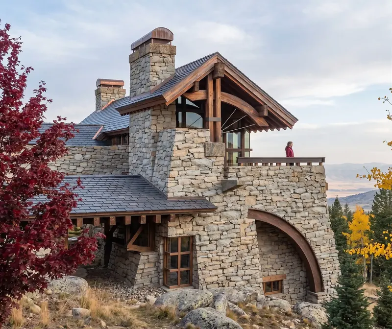 Side view of the stone tower with a curved timber arch, upper balcony and distant valley beyond