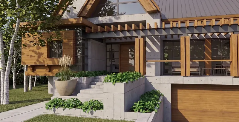 Concrete entry steps and planters rising past the cantilevered wood study to the front door under a timber pergola