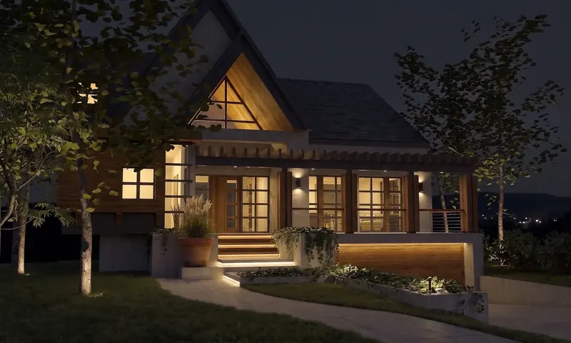 Sunlit Atrium House at night, its glazed gable and wood-sided study glowing above lit entry steps