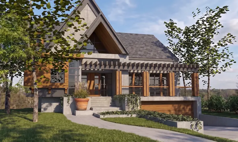 Front of the house in daylight: concrete and timber gable, wood-sided cantilevered study, porch pergola, garage below