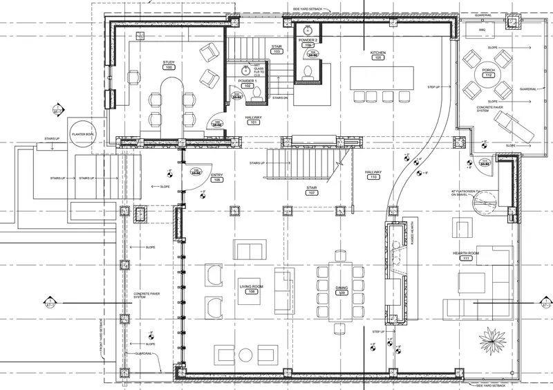 Floor plan of the entry level showing study, entry, stair, kitchen, living room, dining, hearth room and porch