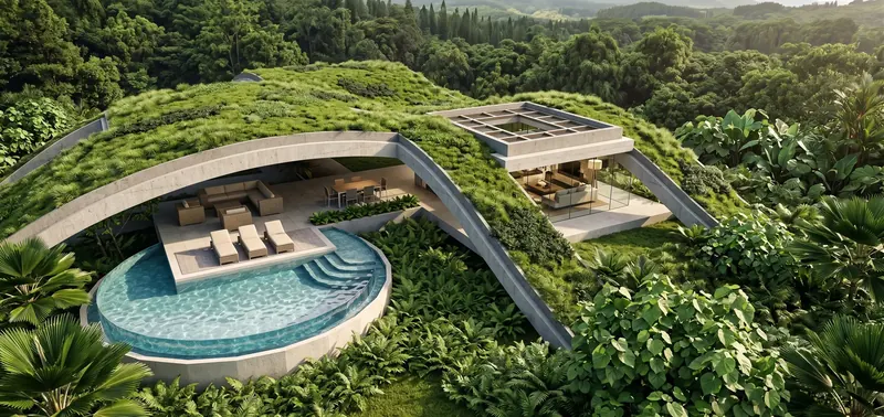 Aerial view of the Sustainable Earth-Sheltered Concept Home, its grass-roofed concrete arches above a circular pool