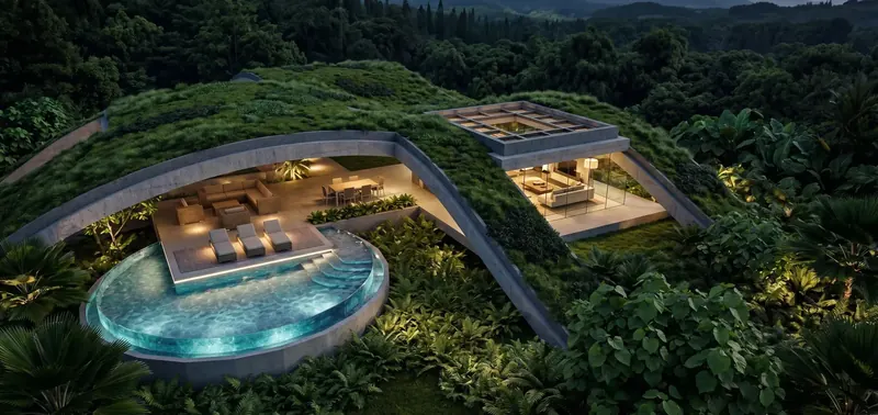 Bird's-eye evening view of the lit terrace, glowing circular pool and glass living room set beneath the grass roof