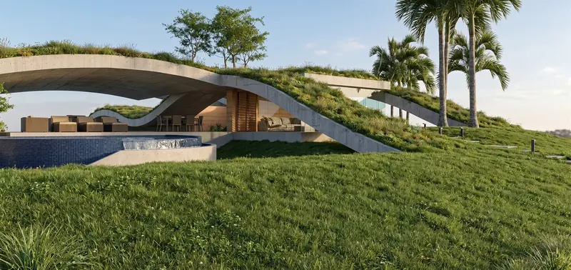 Curving concrete overhang with a planted roof shading an open terrace, pool and lounge seating above a grassy slope