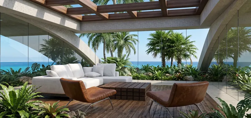 Living area with white sectional and leather chairs under a slatted wood skylight, glass walls opening to palms and ocean