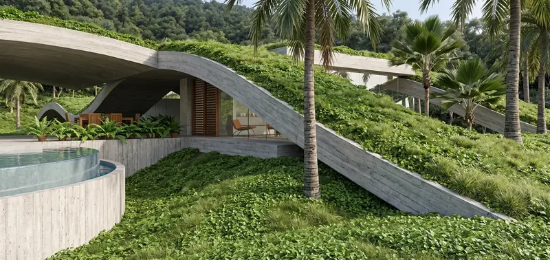 Board-formed concrete arch sweeping down a planted hillside past a covered dining terrace and the edge of the pool