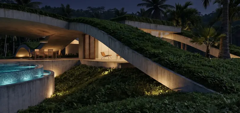 Concrete arch and planted slope softly uplit at night beside the glowing pool and a lamp-lit dining terrace