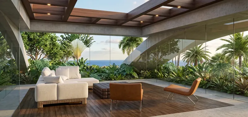 Slatted wooden skylight over the living area of the earth-sheltered home, with frameless glass, tropical garden and ocean