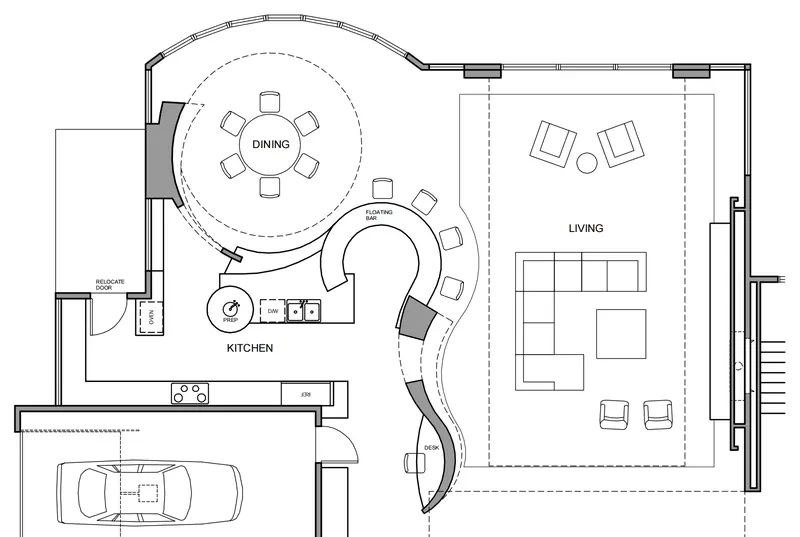Floor plan of the kitchen with a round prep sink, a curving floating bar and desk, and adjacent dining and living rooms