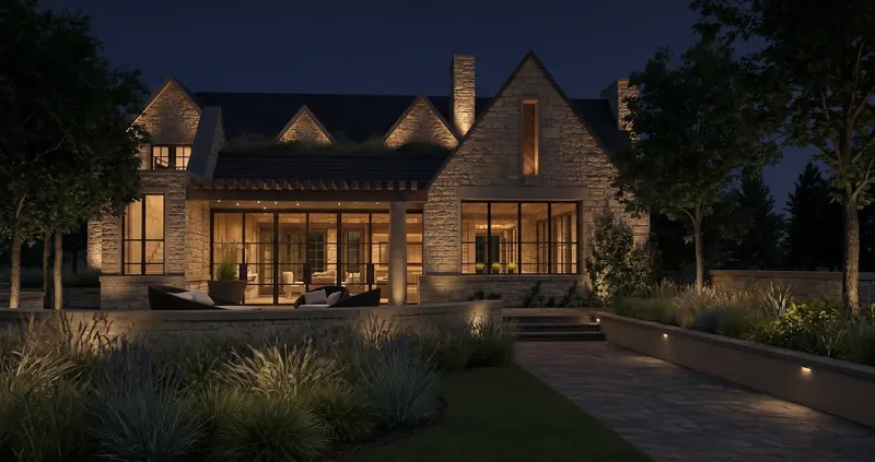 Timeless Gable Estate at night, uplit stone gables and glowing steel-framed glass walls above a stone path and ornamental grasses