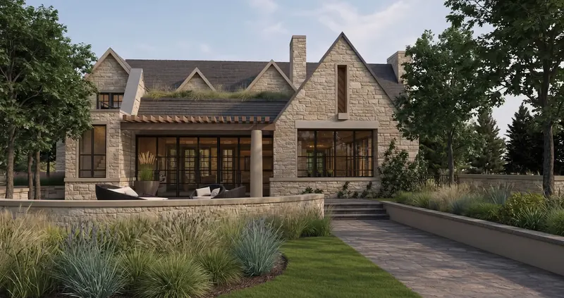 Stone facade with steep gables, a planted green roof, a timber pergola and steel-framed glass walls behind a curved stone terrace