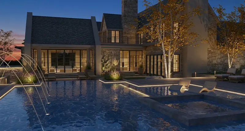 Multi-tiered pool at dusk with lit edges and water jets, the stone house glowing behind under a sunset sky