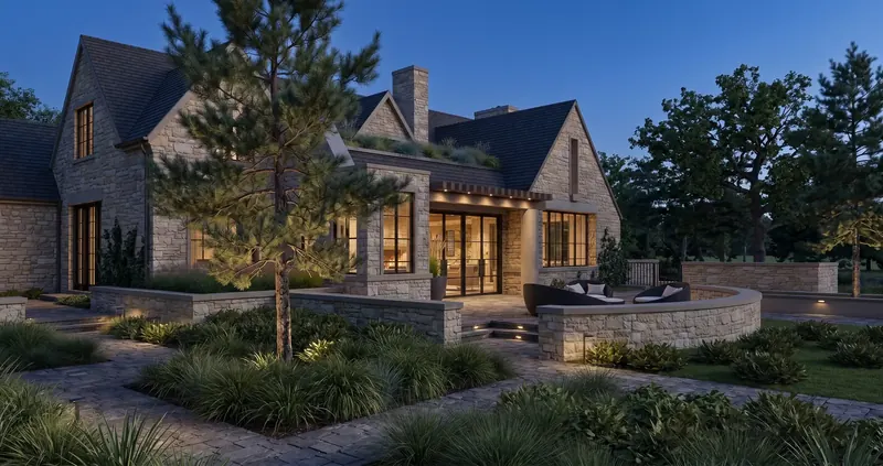 The same angled view at dusk, warm light through steel-framed doors and uplit planting along the stone walls