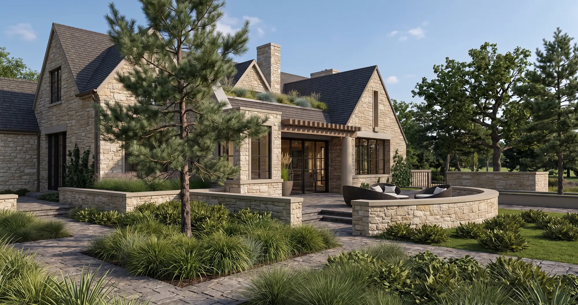 Angled view of the stone house with a pine tree, paver paths, low stone walls and a curved seating terrace
