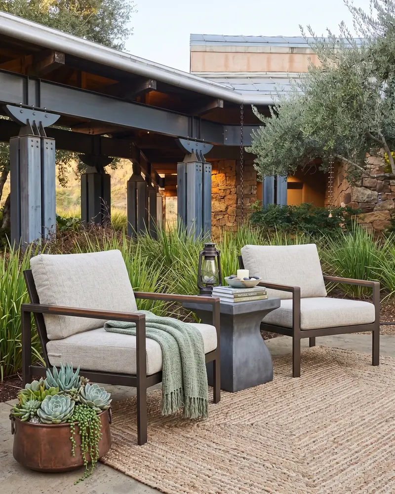 Two lounge chairs on a jute rug beside potted succulents, under a loggia with steel-banded posts