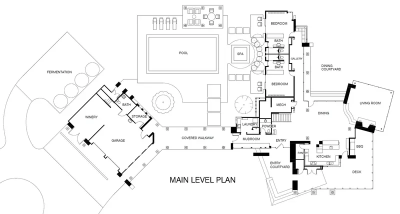 Main level floor plan showing the house, winery, covered walkway, pool and courtyards