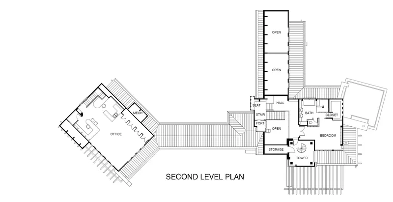 Second level floor plan showing the office, a bedroom and the tower