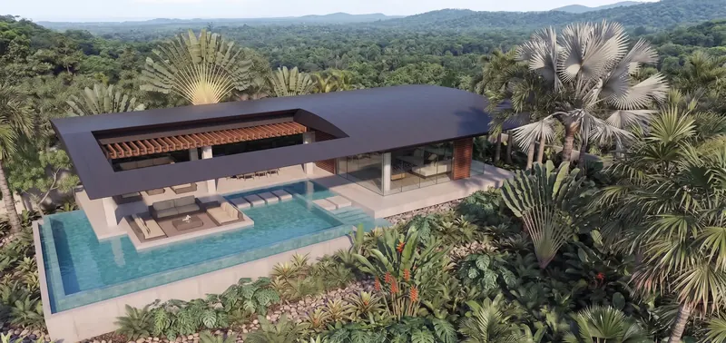Aerial view of the knife-edge roof over a pool with sunken lounge, covered dining terrace and glass living room amid forest