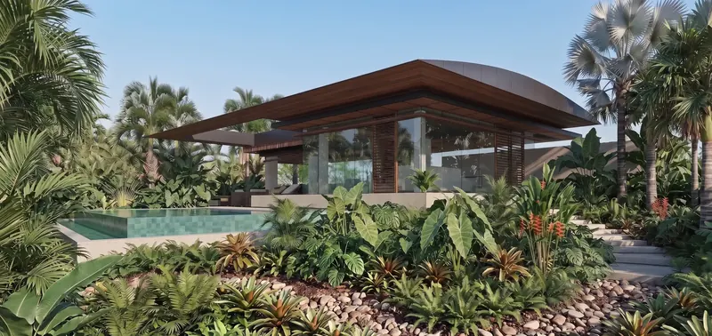 Daytime view of the glass-walled pavilion with slatted wood screens under a thin tapered roof, framed by palms and a pool